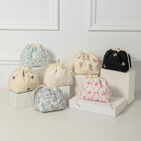 Cotton Quilted Drawstring Makeup Bag with Canvas Lining,Coquette Aesthetic Cute - Picture 6 of 6